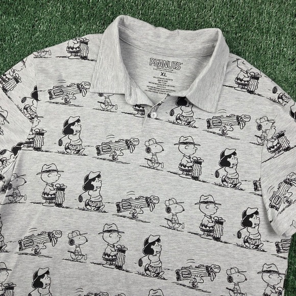Peanuts Other - Peanuts Mens Golf Polo Shirt XL Gray Charlie Brown Snoopy Lucy All Over Print